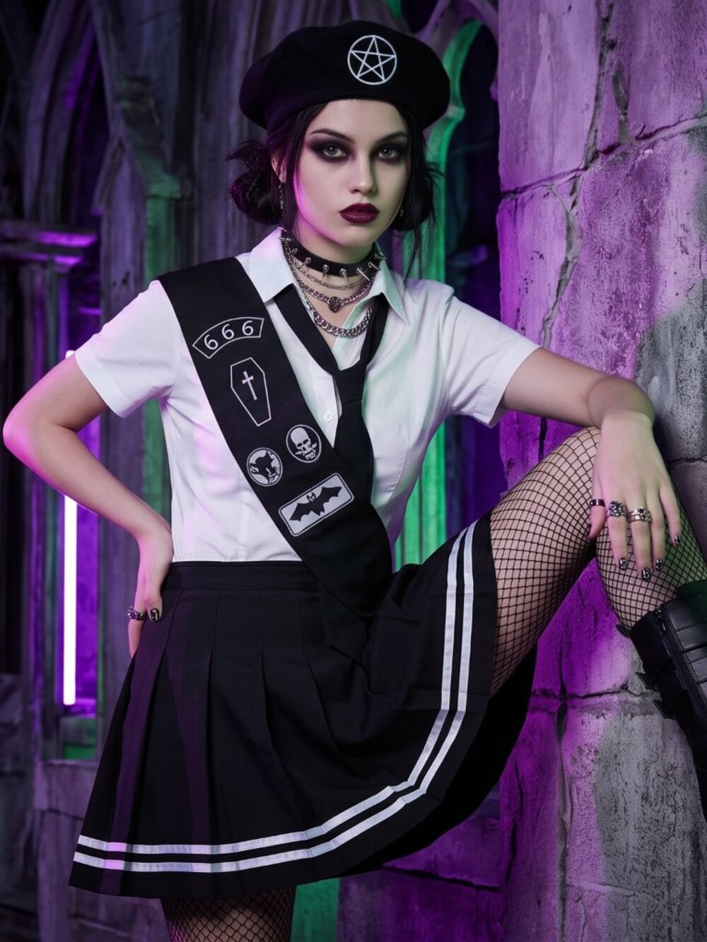 Gothic Witchy Pentagram Girl Scout Pleated Skirt & Accessory Set